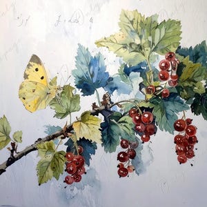 Arte botánico en acuarela - 7 tamaños - Papel de decoupage grande para muebles - Decoupage floral - Grosella roja