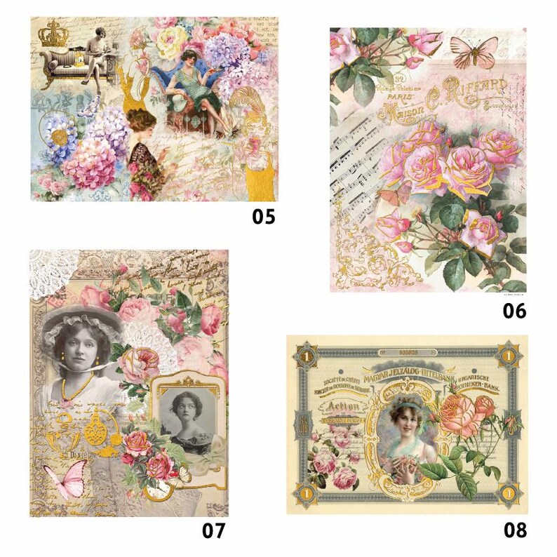 May include: A collage of vintage images featuring roses, butterflies, and women in elegant attire. The images are set against a background of delicate lace, musical notes, and handwritten text.