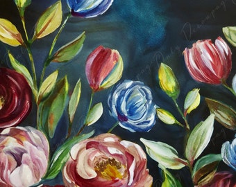 Papel de decoupage floral - Papel de arroz para muebles - Fondo oscuro - Flores de primavera