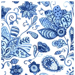 Blue Floral Illustrations Decoupage Paper for Furniture and Crafts - Large Rice Paper - Vintage Flowers and Bird Prints