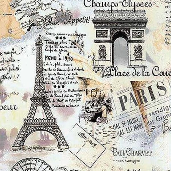 Paris France Eiffel Tower - Decorative Decoupage Paper - for Furniture - Big Size Options [ Black White Beige ]