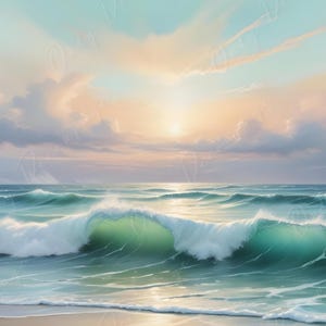 Pastel Beach - Carta da decoupage grande - 6 opzioni di formato - Tramonto - Onde verdi