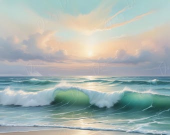 Pastel Beach - Carta da decoupage grande - 6 opzioni di formato - Tramonto - Onde verdi