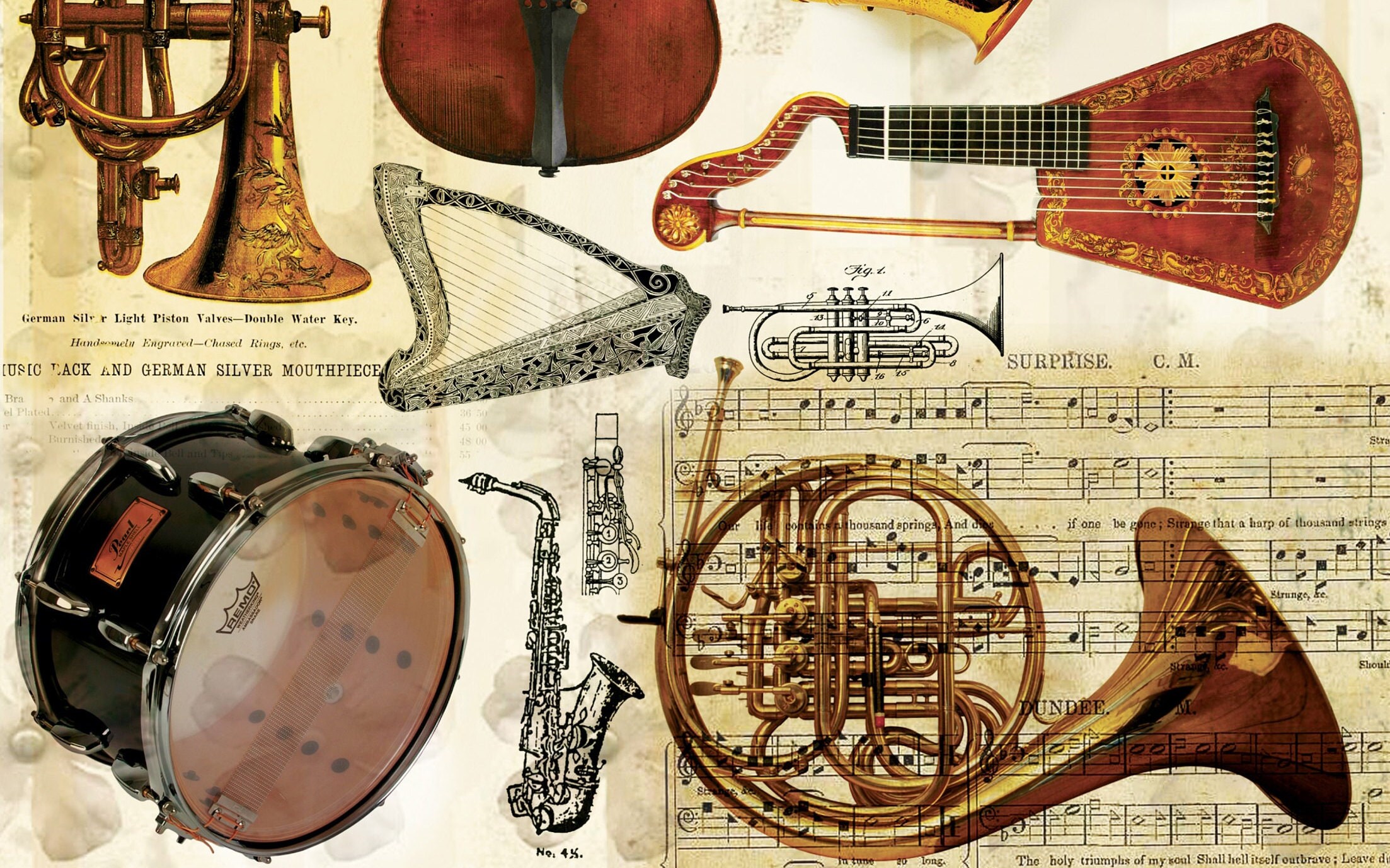 Musical Instruments Vintage Decoupage Paper - Decoupage Art - Large ...