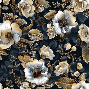 Carta da decoupage floreale - Motivo ripetuto - 6 opzioni di formato - Bianco dorato e nero