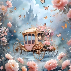 Fairytale Coach - Carta per decoupage grande - 6 opzioni di formato - Rose rosa - Shabby Chic
