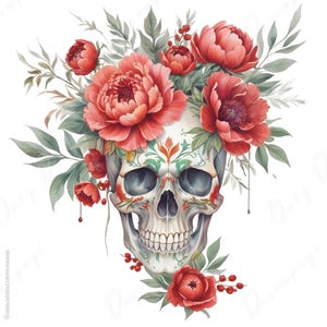 Papel para decoupage - 6 opciones de tamaño - Colección Halloween - Calavera floral roja