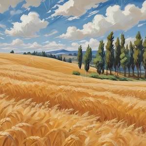 Papel de decoupage grande - Tamaño 6 - Campo de trigo dorado con cielo azul nublado - Papel de arroz
