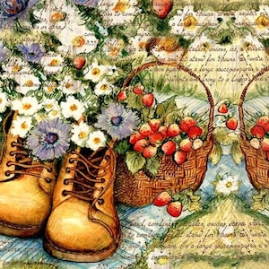 Fiori - Stivali - Fragola - Carta Decoupage Decorativa - per Mobili [ Rosso Bianco Viola Giallo ]
