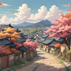 Papel para decoupage - Tamaño 6 - Pueblo japonés con árboles rosas - Papel de arroz