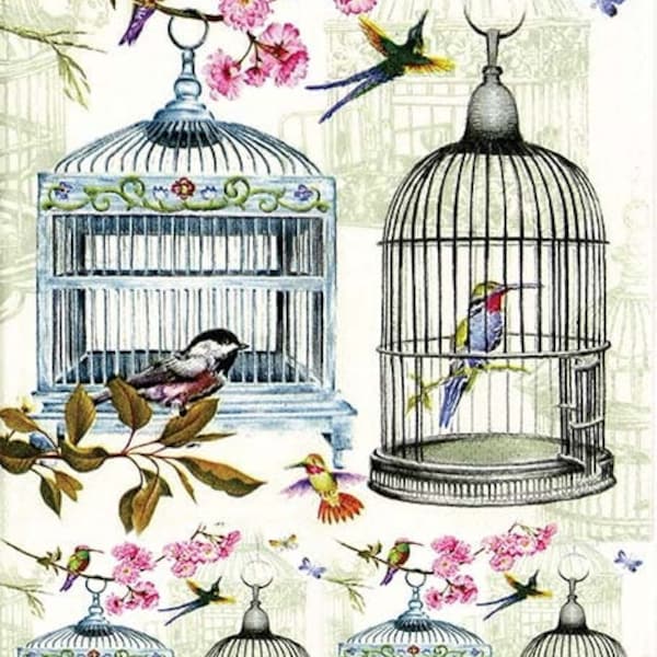 Bird Cage and Flowers - Decorative Decoupage Paper - for Furniture - Large Size Options [ Blue Pink Green ]