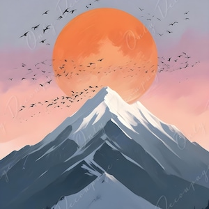 Carta per decoupage grande - 6 misure - Paesaggio con sole arancione e uccelli - Carta di riso - Montagne grigie