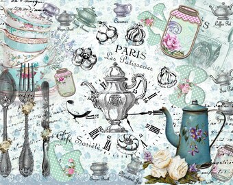 May include: A vintage-inspired illustration featuring a teapot, teacups, silverware, and other tea-related items. The image is set against a background of blue and white floral patterns and text. The text includes the words "Paris", "Les Patisseries", and "Café Sosiété".