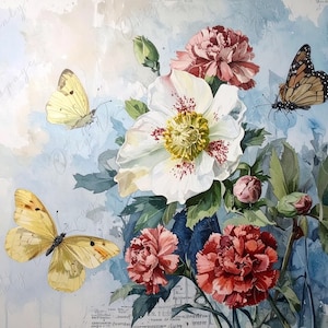 Arte botánico - 7 tamaños - Papel de decoupage grande para muebles - Mariposa