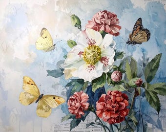 May include: Watercolor painting of white and pink flowers with butterflies. The flowers are in bloom and the butterflies are in flight. The background is a light blue watercolor wash.
