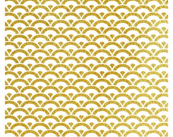 May include: A seamless pattern of gold scales on a white background. The scales are arranged in a repeating pattern of overlapping semicircles.