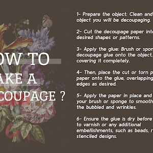 Pu&ograve; includere: Una guida passo passo su come realizzare il decoupage. L'immagine mostra un'illustrazione floreale con il testo "HOW TO MAKE A DECOUPAGE?" e un elenco di sei passaggi per creare il decoupage.