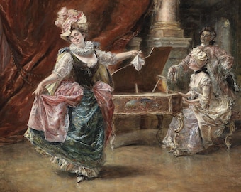 Puede incluir: Una pintura que representa a una mujer con un vestido colorido bailando frente a un clavicémbalo. Una mujer con un vestido blanco toca el clavicémbalo mientras un hombre con una chaqueta roja observa.