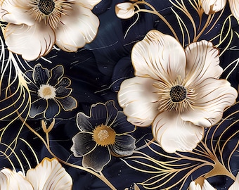 以下が含まれることがあります： 濃い青色の背景に、白と金の色の花が黒色の芯で描かれたシームレスなパターン。花はスタイリッシュで、3D効果が施されています。背景は、大理石の模様になっています。