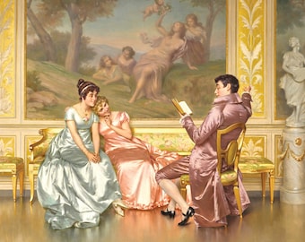 Puede incluir: Una pintura antigua representa a un hombre leyendo a dos mujeres. Las mujeres están sentadas en un sofá con estampado floral, vestidas con vestidos elegantes en tonos azules y rosas. El hombre viste un abrigo y calzones rosas, sentado en una silla dorada.