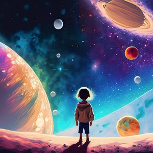 Papel de decoupage grande para muebles - Papel de arroz para decoupage - Galactic Child - Papel para decoupage - Planetas y estrellas del espacio