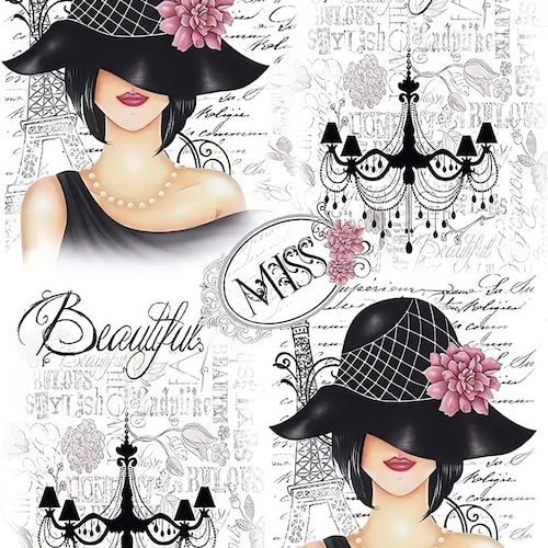 Vintage Lady - Decorative Decoupage Paper - for Furniture - Large Size Options [ Black White Pink ]