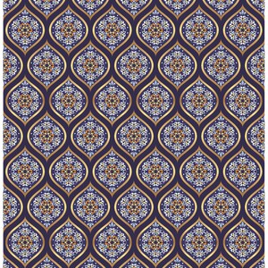 Peut inclure: Un motif sans couture avec un motif répétitif de motifs floraux dorés, blancs et orange sur un fond bleu foncé. Le motif est composé de formes de larmes répétitives avec un motif floral à l'intérieur de chaque forme.
