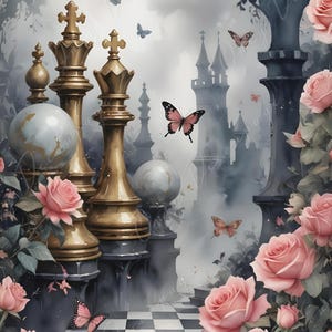 Fiaba - Carta da decoupage grande - 6 opzioni di formato - Farfalla con rose rosa - Castello nero
