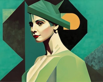 Puede incluir: Una mujer con un sombrero verde y un vestido verde, con un fondo geométrico en tonos de verde, negro y amarillo.