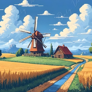 Papel de decoupage grande - Tamaño 6 - Casa de campo con campo de trigo dorado - Papel de arroz - Pixel Art