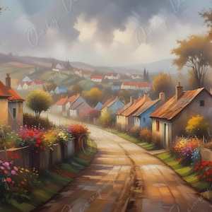 Papel para decoupage - Tamaño 6 - Calle de pueblo europeo con flores de colores - Papel de arroz
