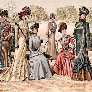 Damas con trajes retro - Papel decorativo para decoupage - Para muebles - Opciones de gran tamaño [Beige, rosa, verde]