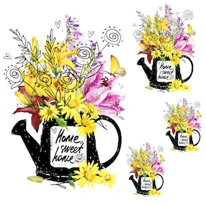 Puede incluir: Una ilustración de acuarela de un ramo de flores en una regadera negra. Las flores son amarillas, rosas y moradas. La regadera tiene las palabras "Home Sweet Home" escritas en ella.