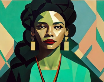 Puede incluir: Un retrato de una persona con cabello oscuro y ropa verde y marrón. La persona lleva pendientes de oro y un collar. El fondo es un patrón geométrico de verde, marrón y blanco.