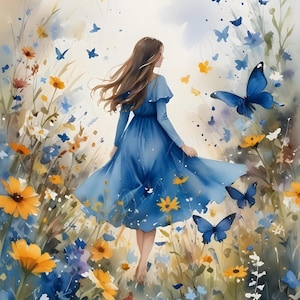 Conte de fées - grand papier de découpage - 6 choix de tailles - robe bleue aquarelle Alice - papillon