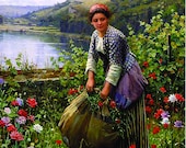 Country Girl - Garden - Red Flowers - River - Decoupage Paper for Furniture - Mulberry Tissue - Big Size Options