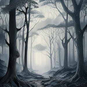 Bosque Brumoso - Papel para decoupage - 3 tamaños - Árboles en blanco y negro