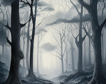 Misty Forest - Decoupage Paper - 3 Size Options  - Black & White Trees