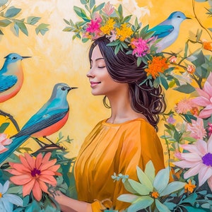 Papel de decoupage grande para muebles - Papel de arroz para decoupage - Mujer - Pájaros - Papel de decoupage floral - Flores