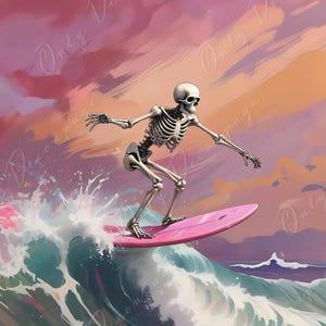 Large Decoupage Paper for Furniture - 6 Size Options - Halloween Collection - Surfer Skeleton