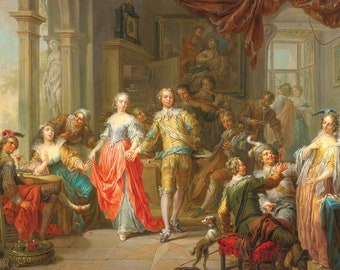 Puede incluir: Una pintura que representa a un grupo de personas bailando y tocando música en una gran sala. La escena está llena de colores vibrantes, incluyendo rojo, azul, amarillo y verde. Las figuras están vestidas con trajes elaborados, y la sala está decorada con muebles y tapices ornamentados.