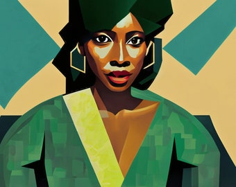Puede incluir: Una mujer con cabello oscuro y sombra de ojos verde lleva una blusa verde con estampado geométrico y una bufanda amarilla. El fondo es de color amarillo claro con formas geométricas de color turquesa.