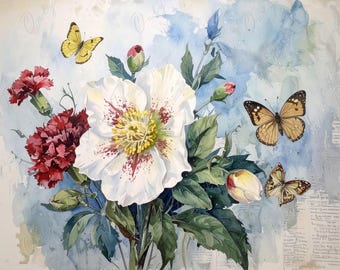 May include: Watercolor painting of a bouquet of white and red flowers with three butterflies. The flowers are a white flower with red spots and red carnations. The butterflies are yellow, orange and brown.