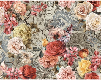 May include: A vintage floral pattern featuring a variety of roses in shades of pink, red, yellow, and white. The roses are arranged on a background of intricate lace and paisley designs in shades of gray and blue.