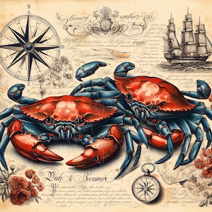 Large Decoupage Paper for Furniture - Blue Crap - Rice Paper - Decoupage Paper - Coastal Life - Compass - Floral