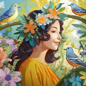 Papel de decoupage grande para muebles - Papel de arroz para decoupage - Mujer - Pájaros - Papel de decoupage floral - Flores