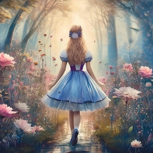 Fairytale Alice - 6 Größen Optionen - Großes Decoupage Papier - Pathway mit rosa Blumen