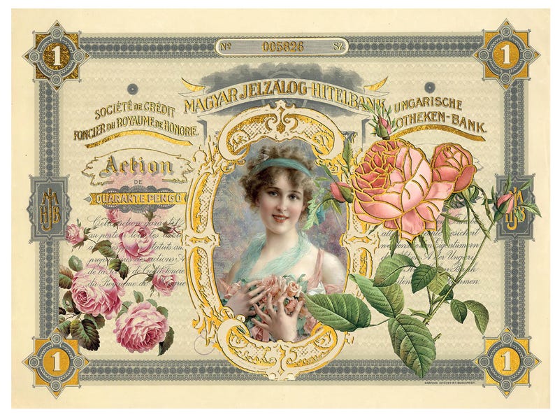 May include: A vintage stock certificate with an ornate border and a central image of a woman with roses. The text on the certificate reads "MAGYAR JELZALOG HITELBANK UNGARISCHE MOTHEKEN-BANK." and "Action de Garantie Pergo."