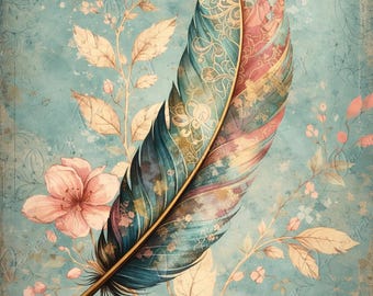May include: A large, curved feather featuring a gradient of teal, blue, and pink hues with intricate gold filigree patterns. The feather is set against a light blue background decorated with pale pink flowers and delicate leaves.