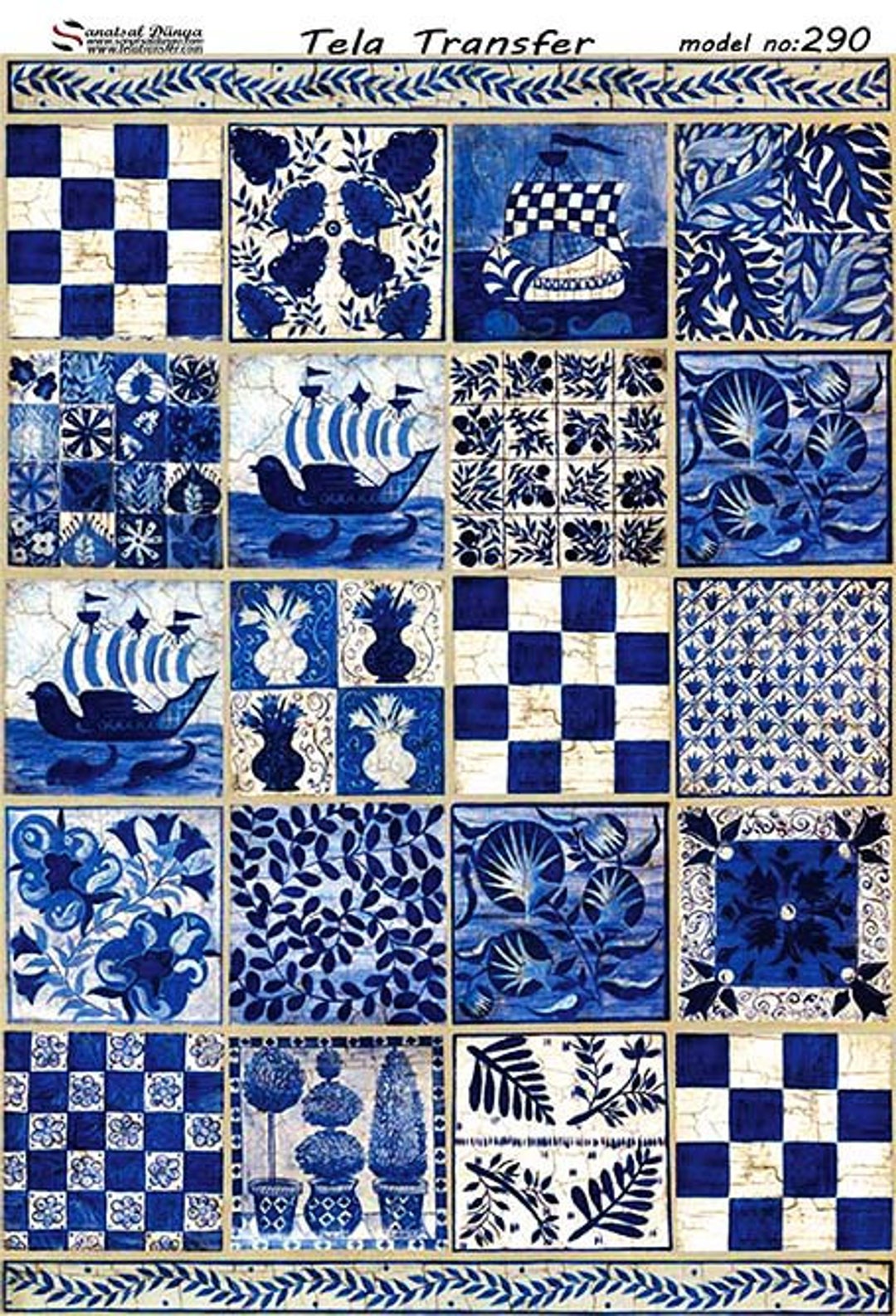 Marine Tile Pattern Decorative Decoupage Paper for Furniture Large Size Options Blue White Navy